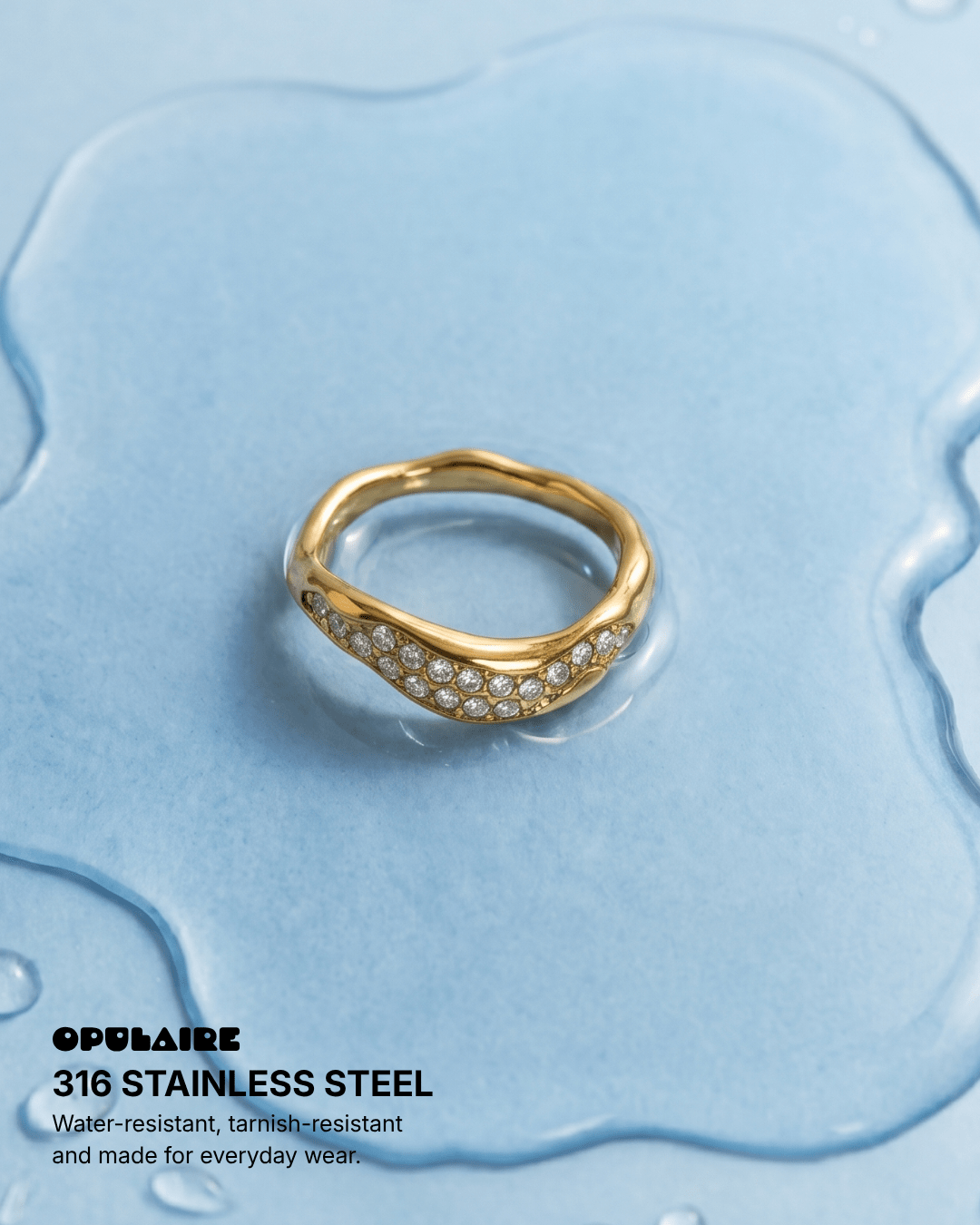 Hula - Wavy pavé ring - Stainless steel - Opulaire - WATERPROOF jewelry - EU 52 -