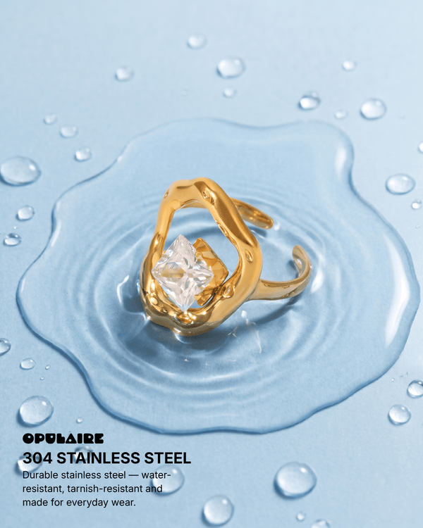 Seda - Molten floating crystal ring - Stainless steel - Opulaire - WATERPROOF jewelry - Adjustable -